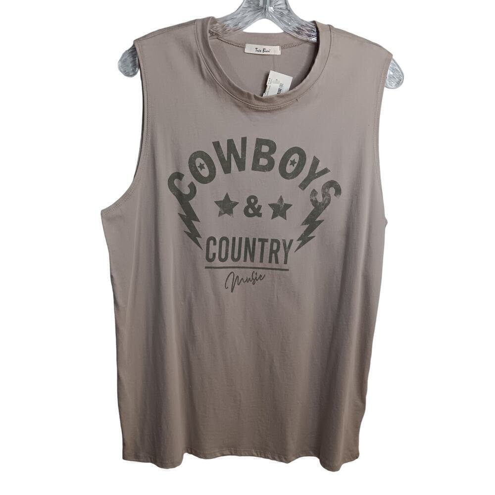 NWT Tres Bien Tan Large Cotton Graphic Tank Top